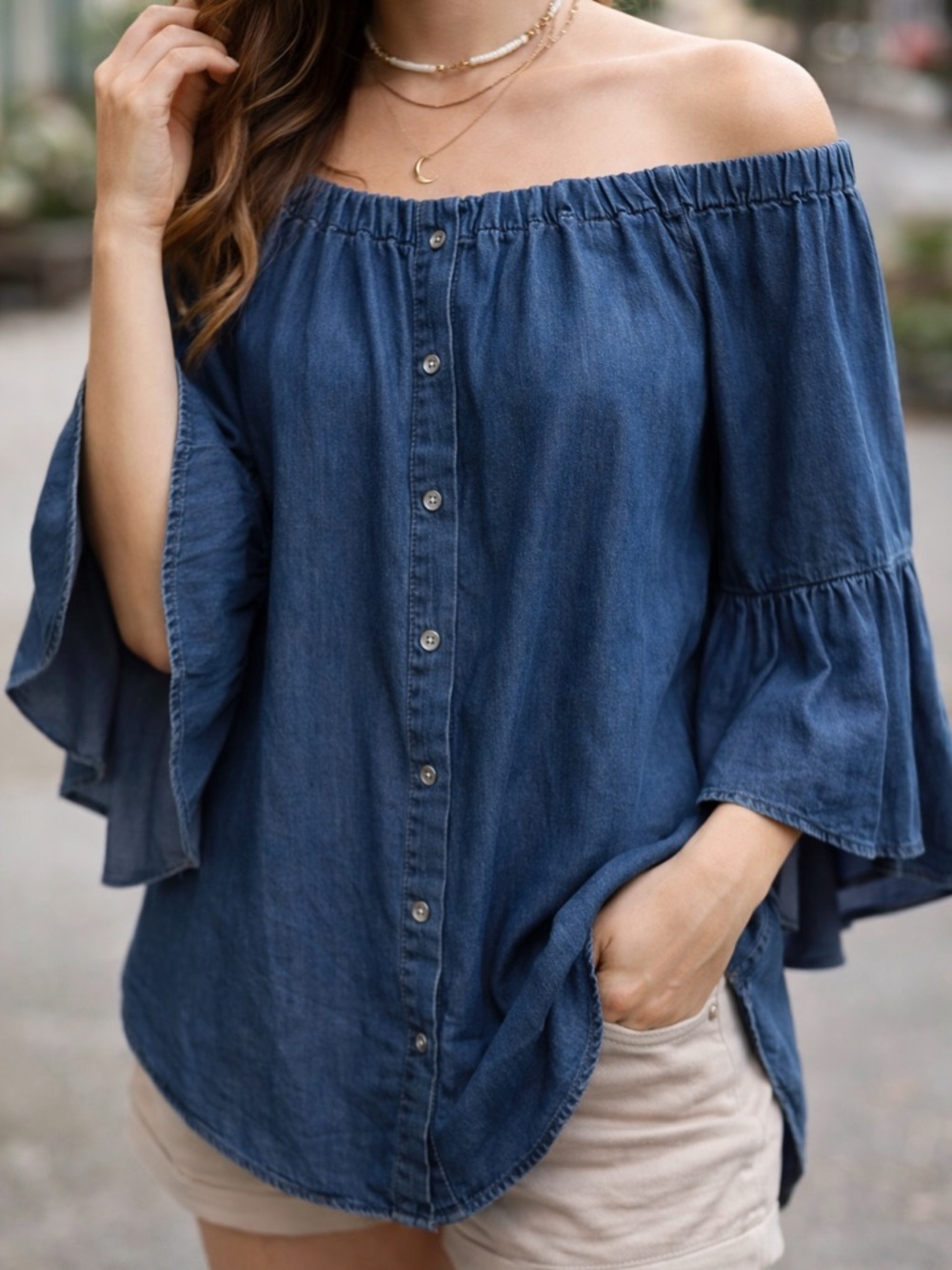 ANGELA MARA | Made in Italy Off-Shoulder Button-Front Denim Top